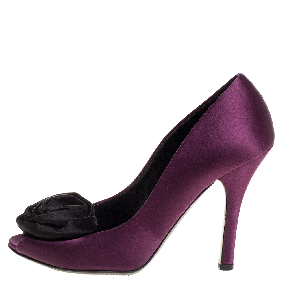 

Dolce & Gabbana Purple Satin Rose Peep Toe Pumps Size