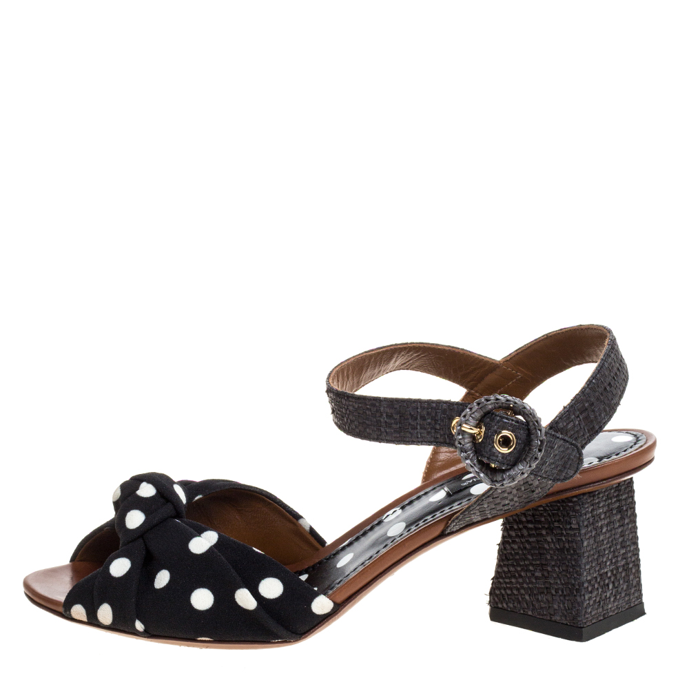 

Dolce & Gabbana Black Raffia And Polka Dot Knotted Fabric Ankle Strap Sandals Size