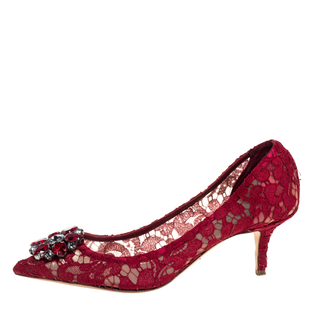 

Dolce & Gabbana Red Lace Bellucci Crystal Embellished Pumps Size
