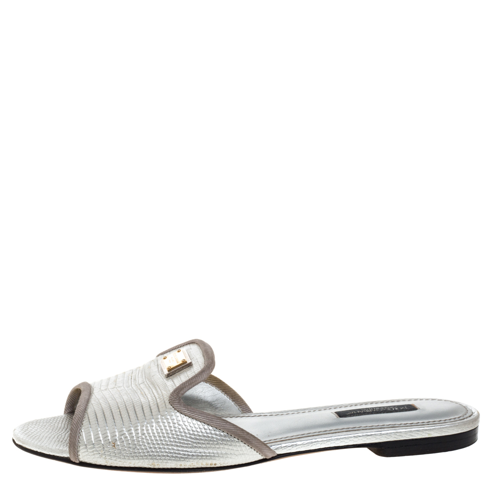 

Dolce & Gabbana Silver Lizard Embossed Leather Flat Slides Size