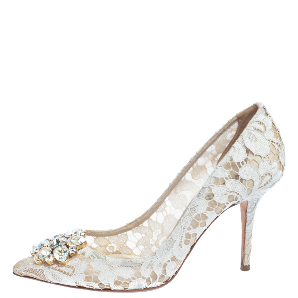 

Dolce & Gabbana White Lace Bellucci Crystal Embellished Pumps Size