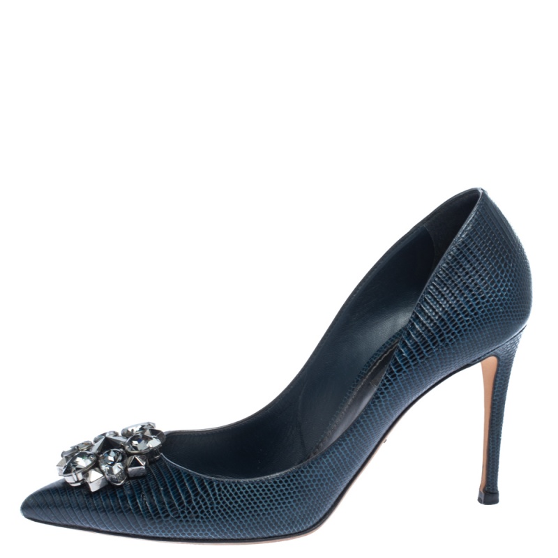 

Dolce & Gabbana Navy Blue Lizard Embossed Leather Bellucci Crystal Embellished Pumps Size