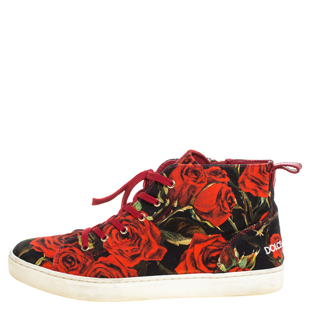 

Dolce & Gabbana Red/Black Rose Print Canvas High Top Sneakers Size