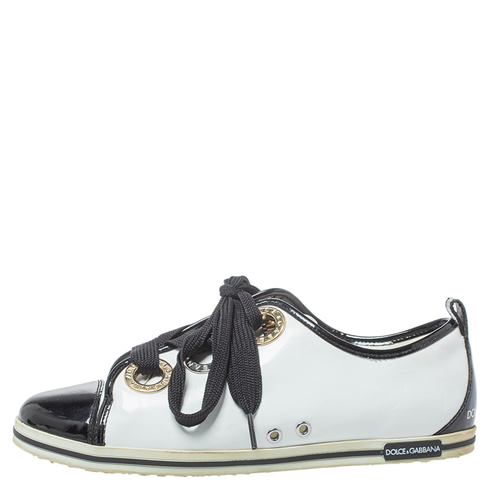 

Dolce & Gabbana Black/White Patent Leather Fat Lace Low Top Sneakers Size