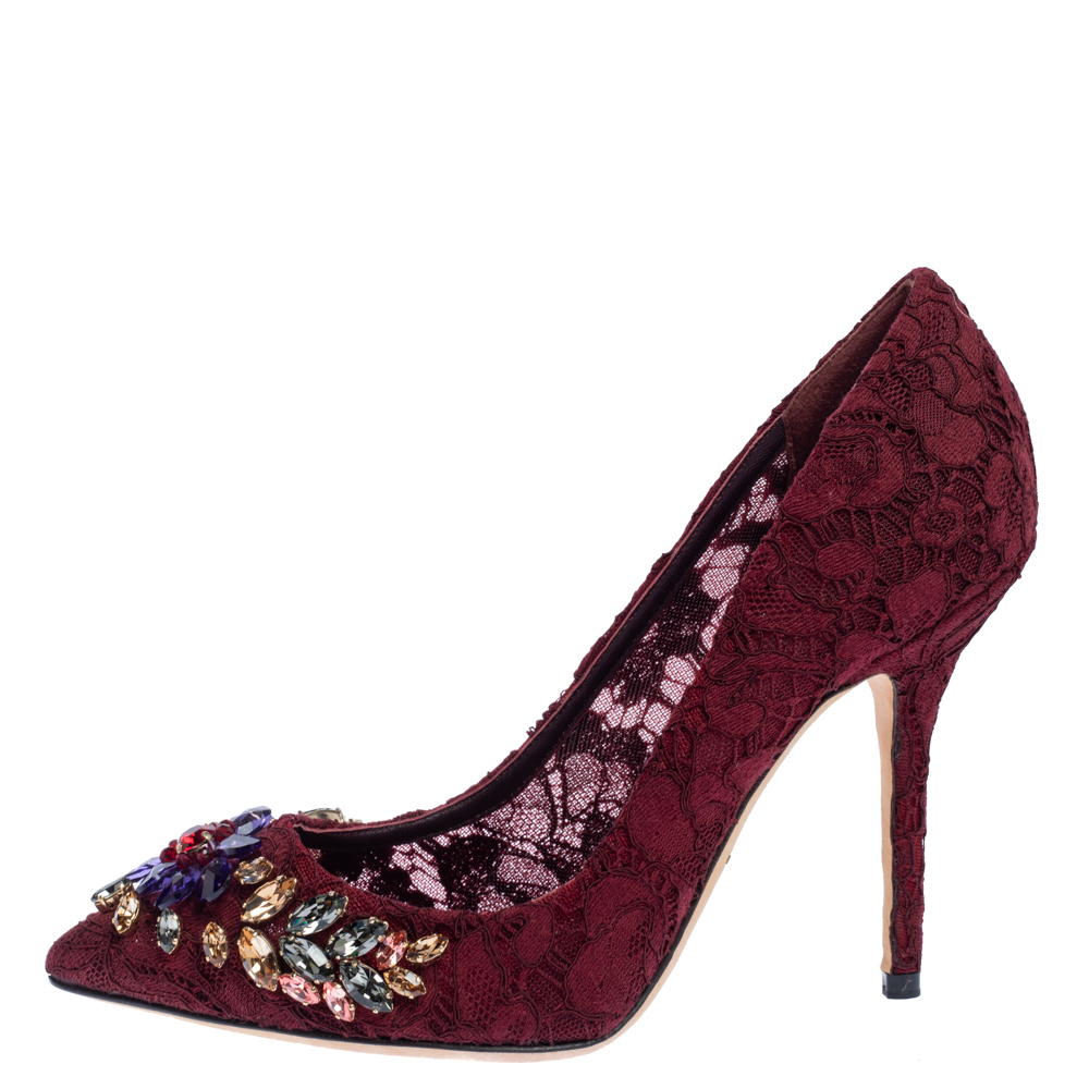 

Dolce & Gabbana Burgundy Lace Jewel Embellished Pumps Size