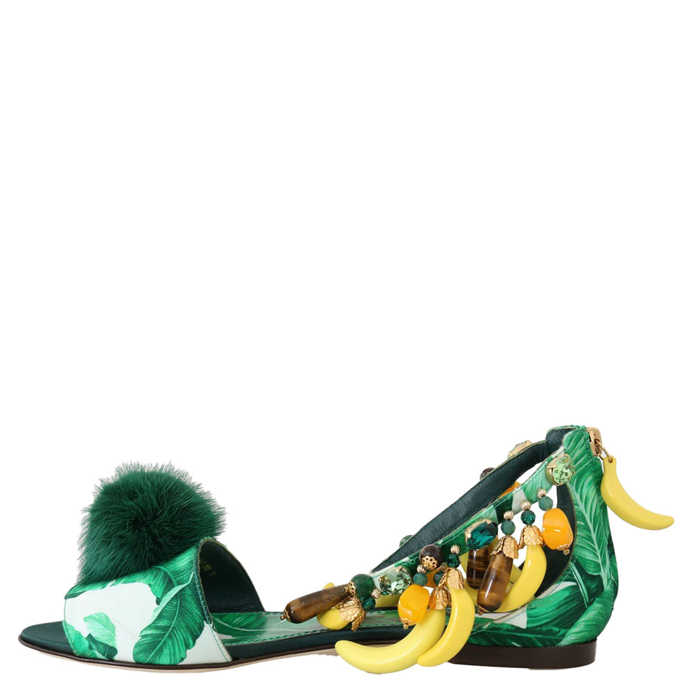 DOLCE & GABBANA MULTICOLOR LEATHER BANANA LEAFS CRYSTAL FUR SANDALS SIZE 35.5