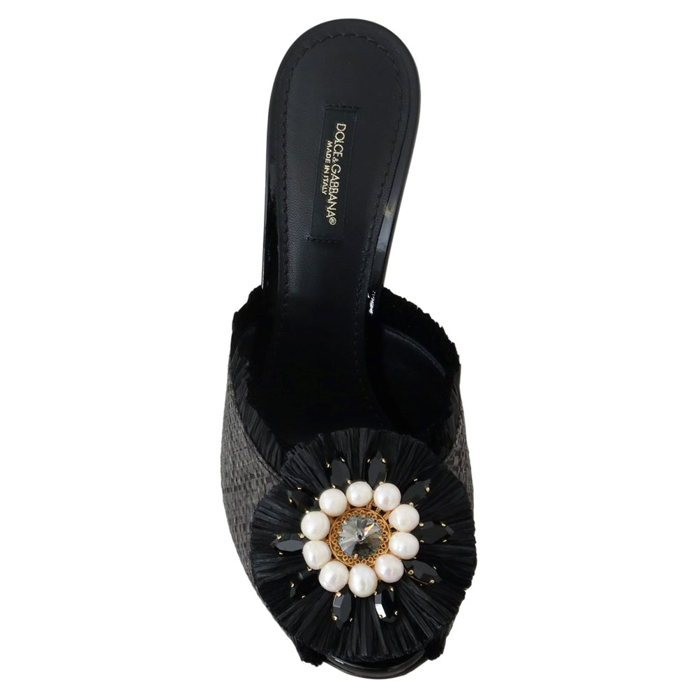 

Dolce & Gabbana Black Straw Open Toe Crystal Sandals Size