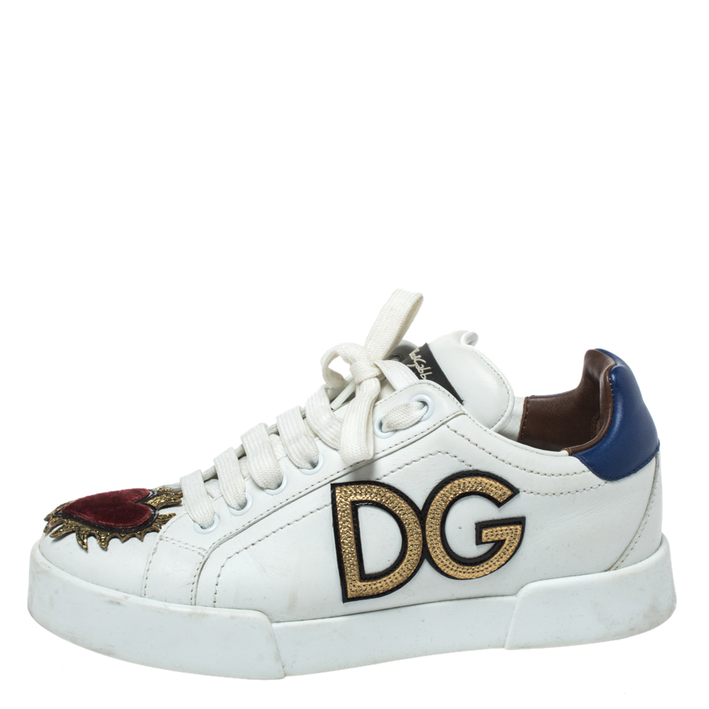 

Dolce & Gabbana White Leather Sacred Heart Portofino Lace Up Sneakers Size