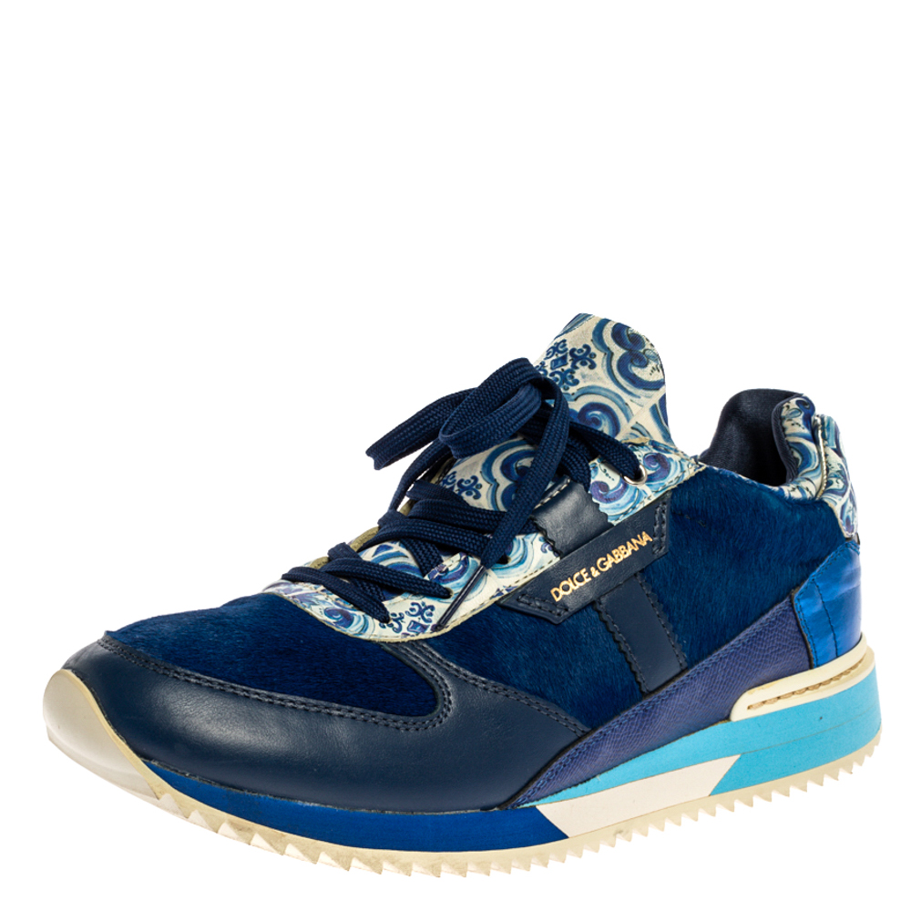 

Dolce & Gabbana Blue/White Majolica Print Leather And Pony Hair Platform Sneakers Size