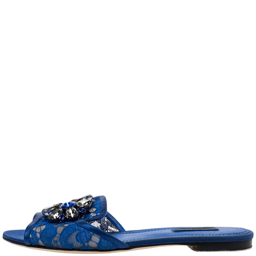 

Dolce & Gabbana Blue Lace Crystal Embellished Flat Slides Size