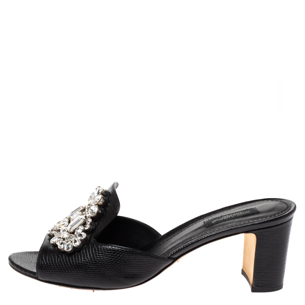 

Dolce & Gabbana Black Lizard Embossed Leather Crystal Embellished Slide Sandals Size