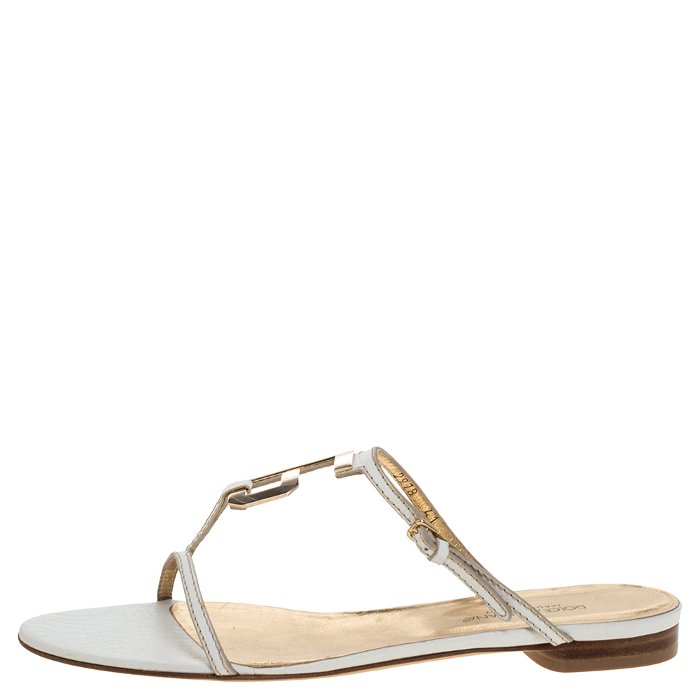 

Dolce & Gabbana White Leather DG Logo T-Strap Flats Size