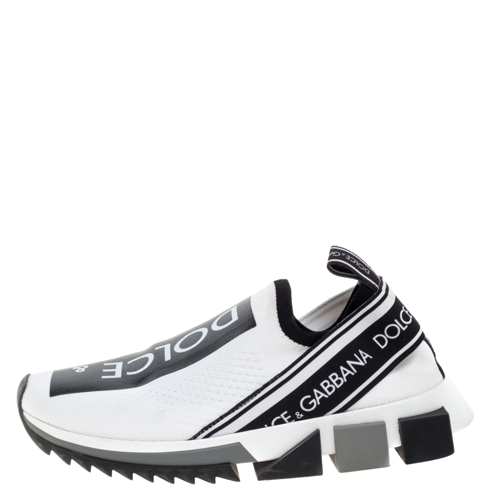 

Dolce & Gabbana White/Black Stretch Fabric Logo Sorrento Slip On Sneakers Size