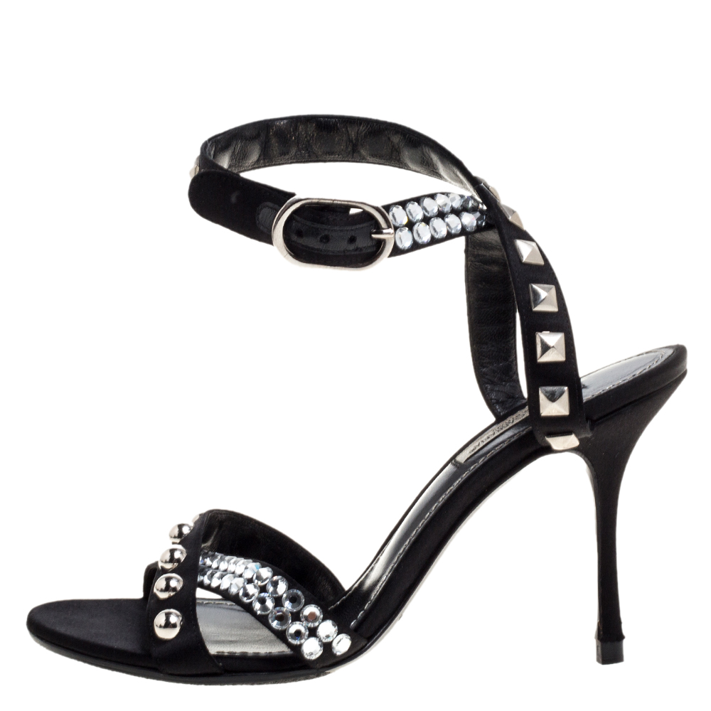 

Dolce & Gabbana Black Satin Crystal Studs Embellished Ankle Wrap Sandals Size