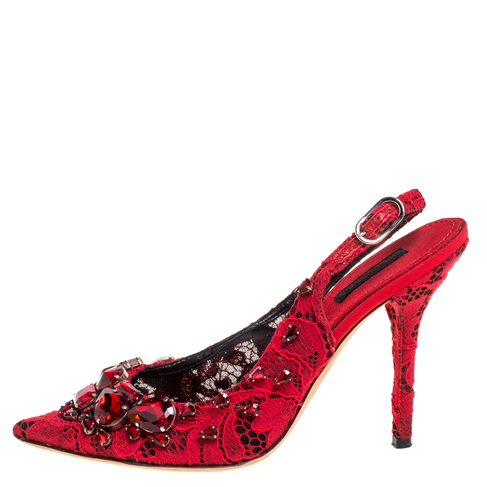 

Dolce & Gabbana Red Lace Jewel Embellished Slingback Pointed Toe Pumps Size