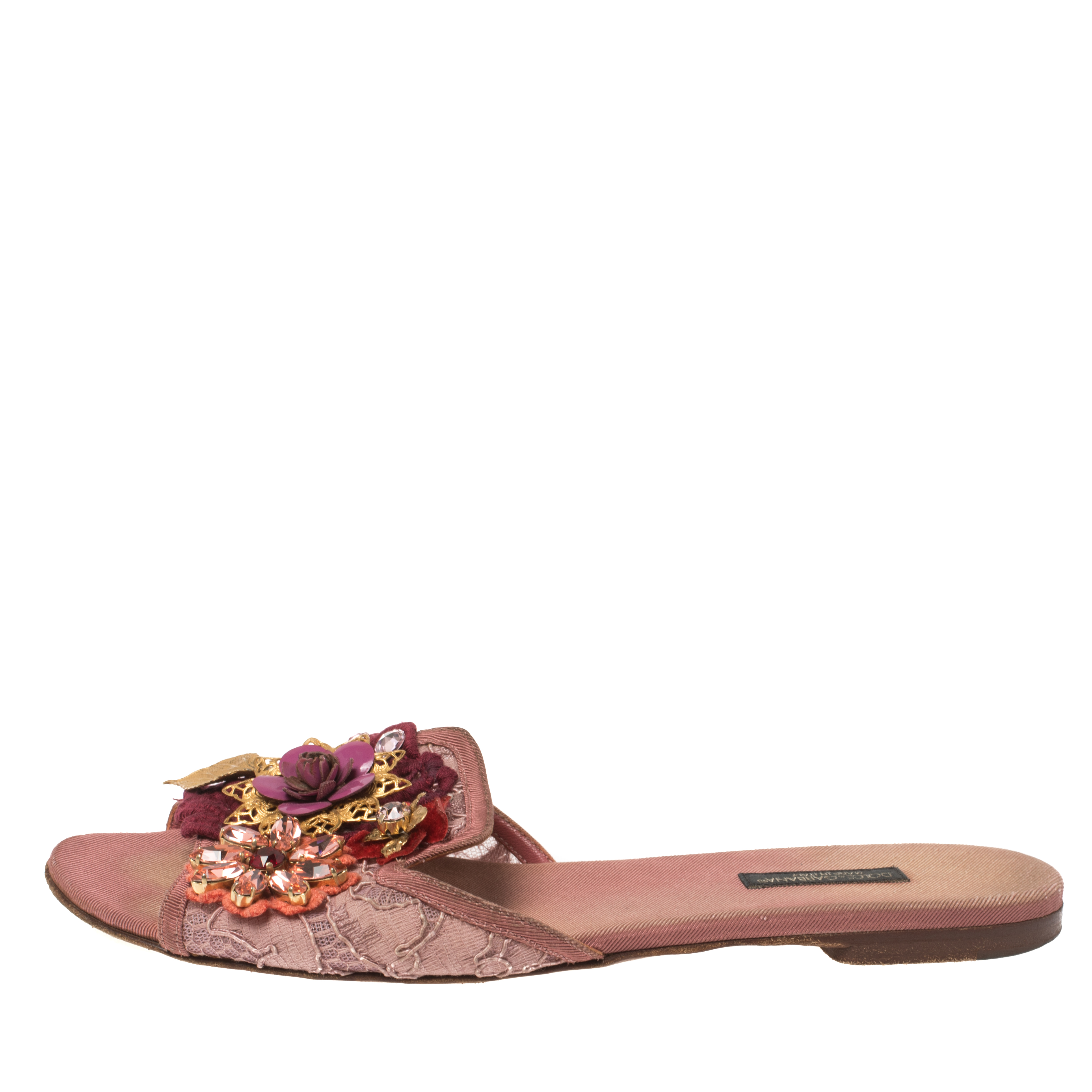

Dolce & Gabbana Pink Lace Sofia Crystal Embellished Flat Slide Sandals Size
