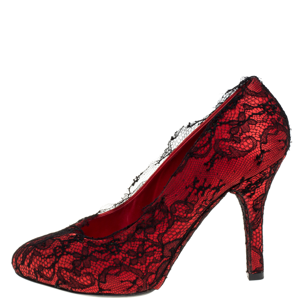 

Dolce & Gabbana Red/Black Satin and Lace D'orsay Pumps Size