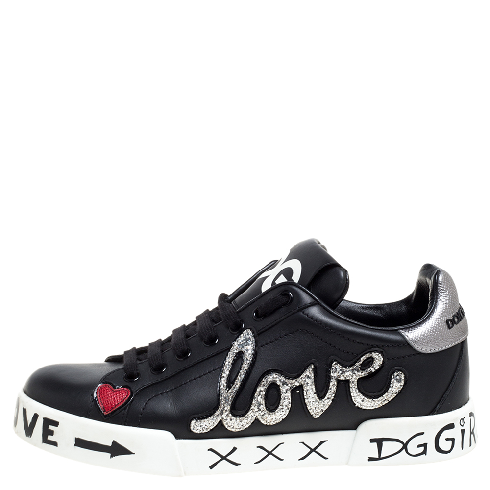 

Dolce & Gabbana Black Leather Portofino Love Patch Low Top Sneakers Size