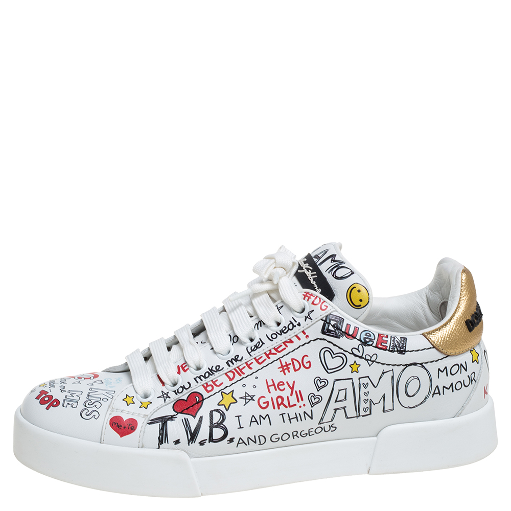 

Dolce & Gabbana White Leather Portofino Graffiti Print Low Top Sneakers Size