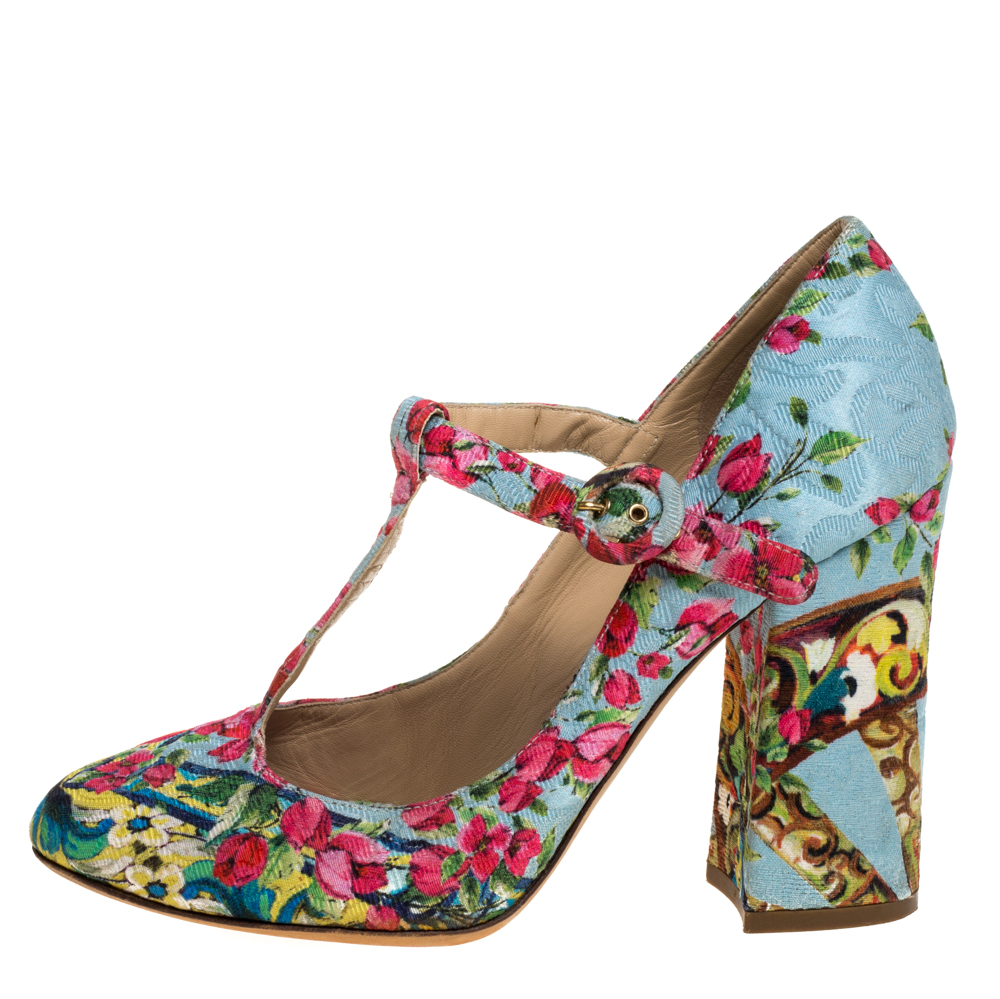 

Dolce & Gabbana Blue Brocade Fabric Floral T-strap Pumps Size, Multicolor