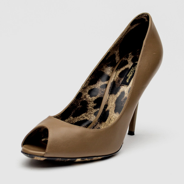 Pre Owned Dolce & Gabbana Brown Leather Peep Toe Pumps Size 38 