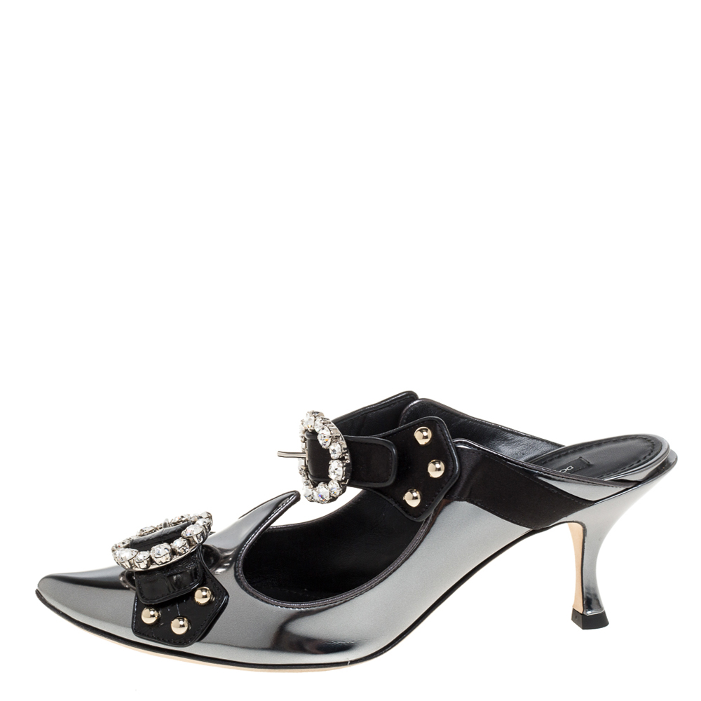 

Dolce and Gabbana Metallic Grey/Black Leather Crystal Embellished Mules Size 39