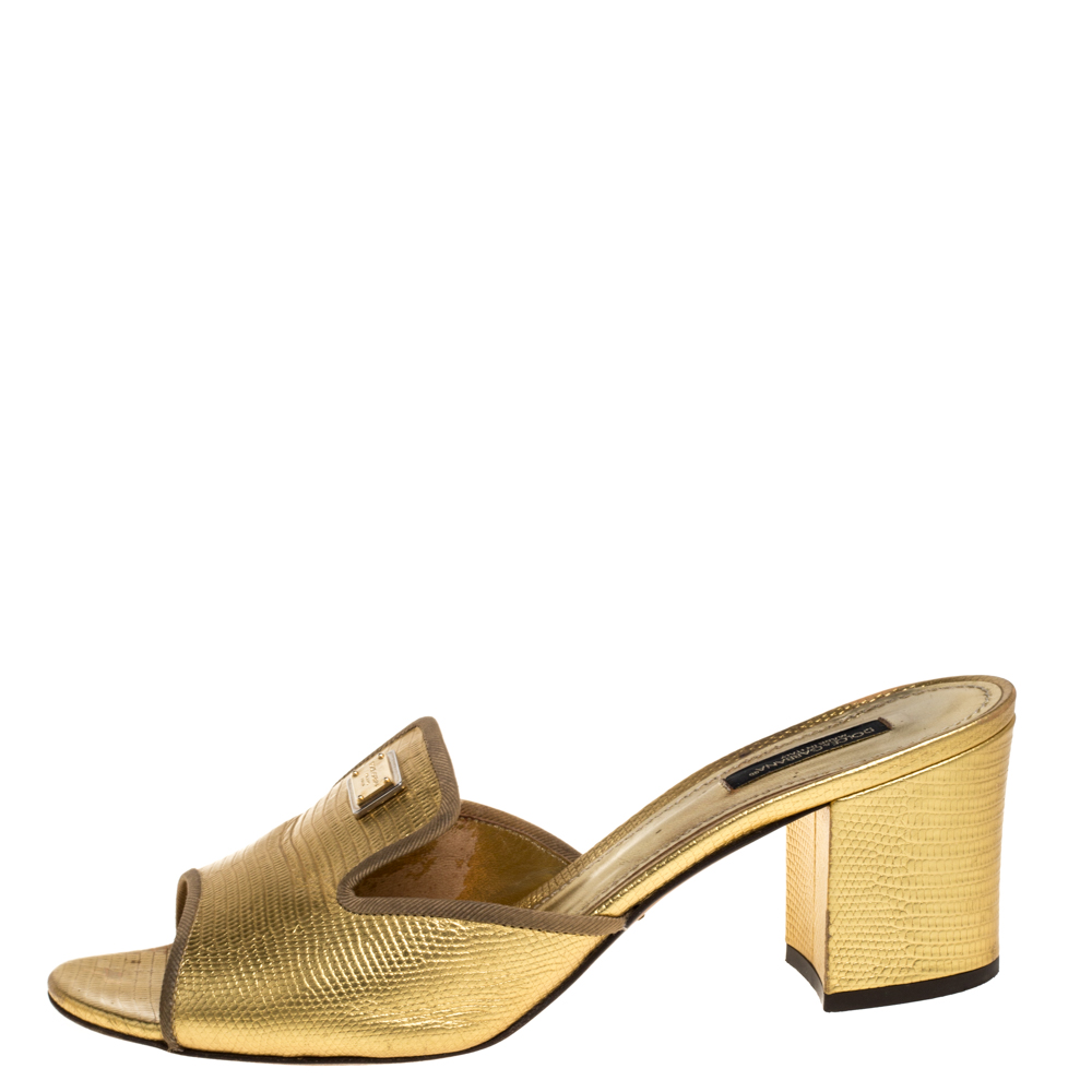 

Dolce & Gabbana Metallic Gold Lizard Leather Open Toe Sandals Size