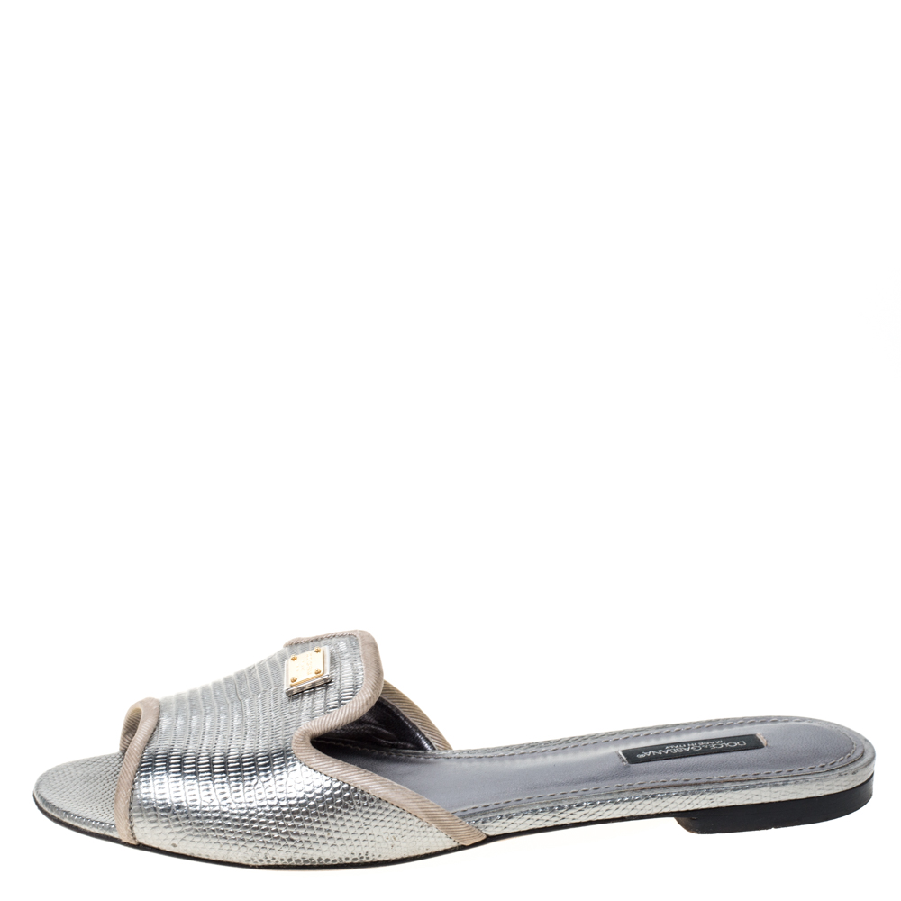 

Dolce & Gabbana Sliver Lizard Embossed Leather Sofia Flat Slides Size, Silver