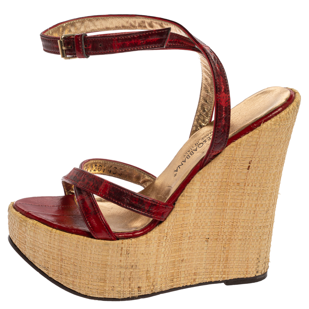 

Dolce & Gabbana Red/Maroon Leather Raffia Wedge Ankle Wrap Sandals Size