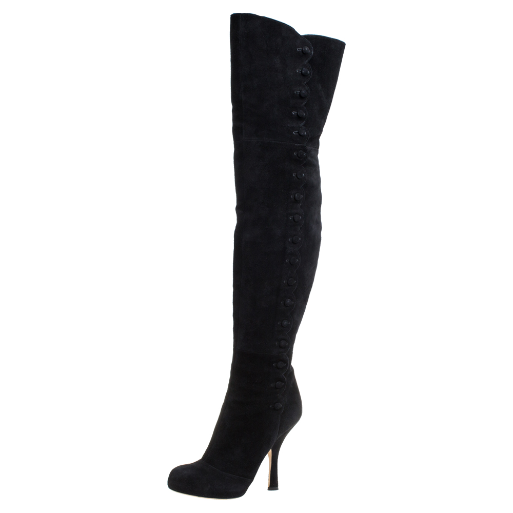 

Dolce & Gabbana Black Suede Button Embellished Over the Knee Boots Size