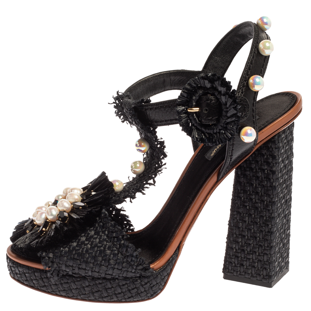 

Dolce & Gabbana Black Raffia Pearl Embellished T Strap Platform Sandals Size