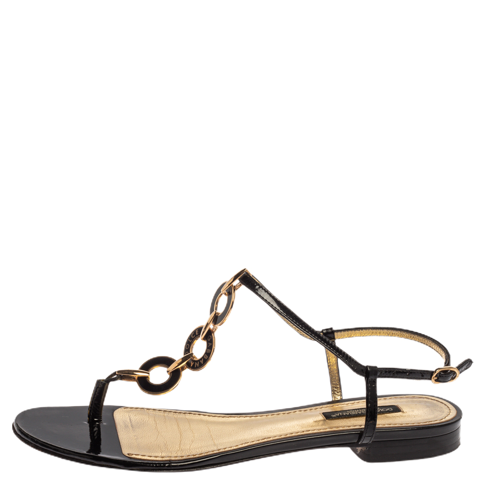 

Dolce & Gabbana Black Patent Leather Chain T Strap Flat Sandals Size