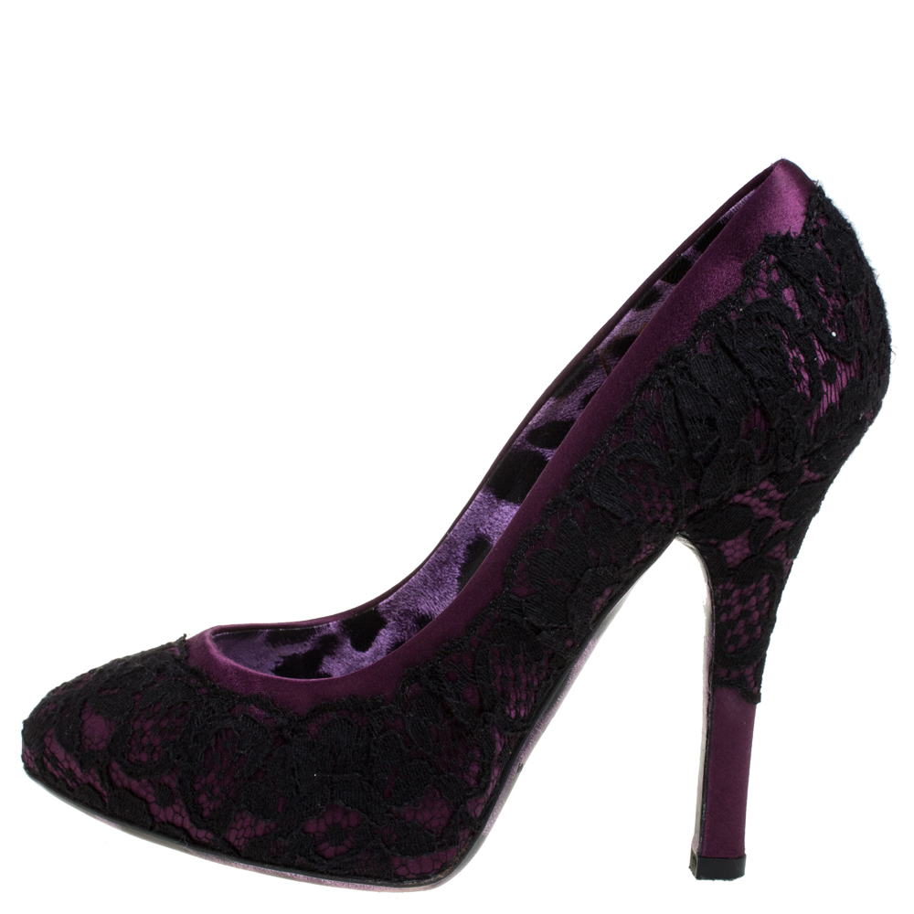 

Dolce & Gabbana Black Floral Lace And Burgundy Satin Platform Pumps Size