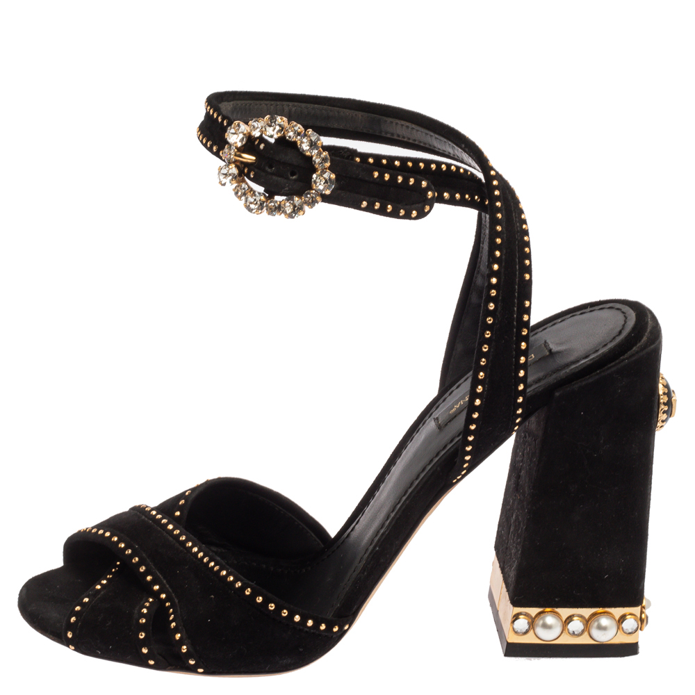 

Dolce & Gabbana Black Suede Crystal Embellished Block Heel Sandals Size