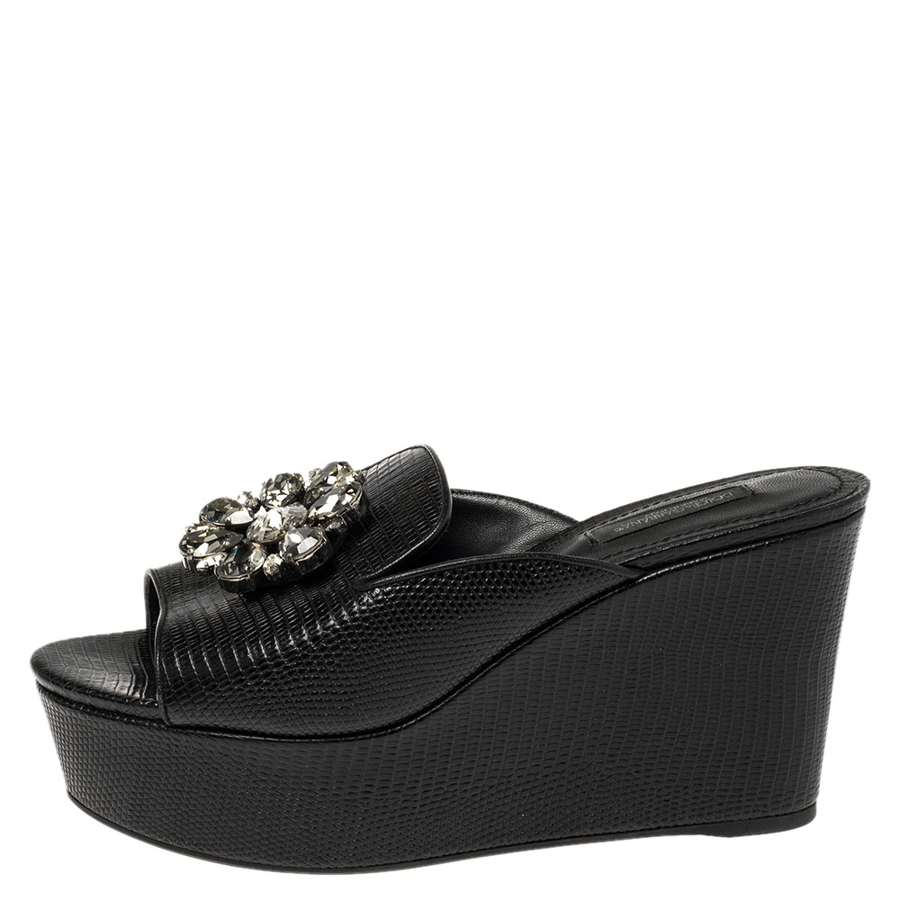

Dolce & Gabbana Black Lizard Embossed Leather Crystal Embellished Wedge Sandals Size