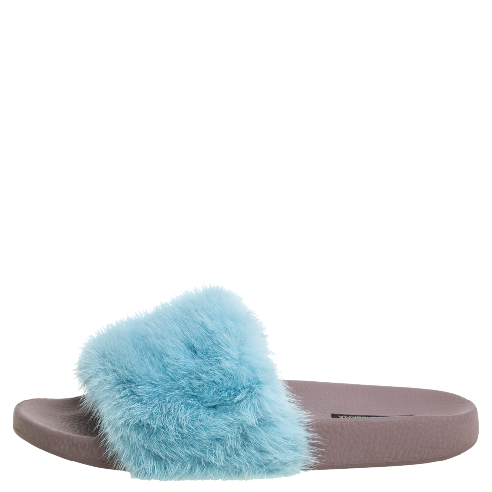 

Dolce & Gabbana Blue Mink Fur Pool Slide Flats Size