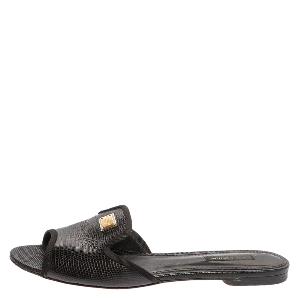 

Dolce and Gabbana Black Lizard Embossed Leather Sofia Slides Size