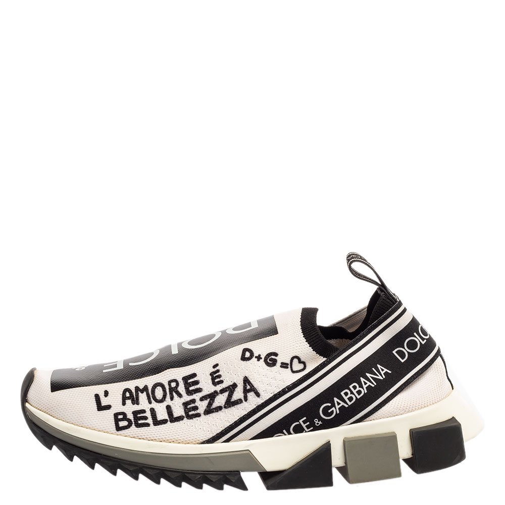 

Dolce & Gabbana Black/White Graffiti Stretch Fabric Sorrento Slip On Sneakers Size