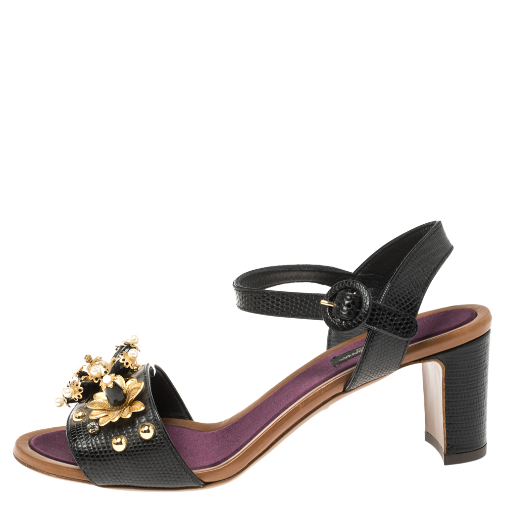 

Dolce & Gabbana Lizard Embossed Leather Embellished Ankle Strap Sandals Size, Black