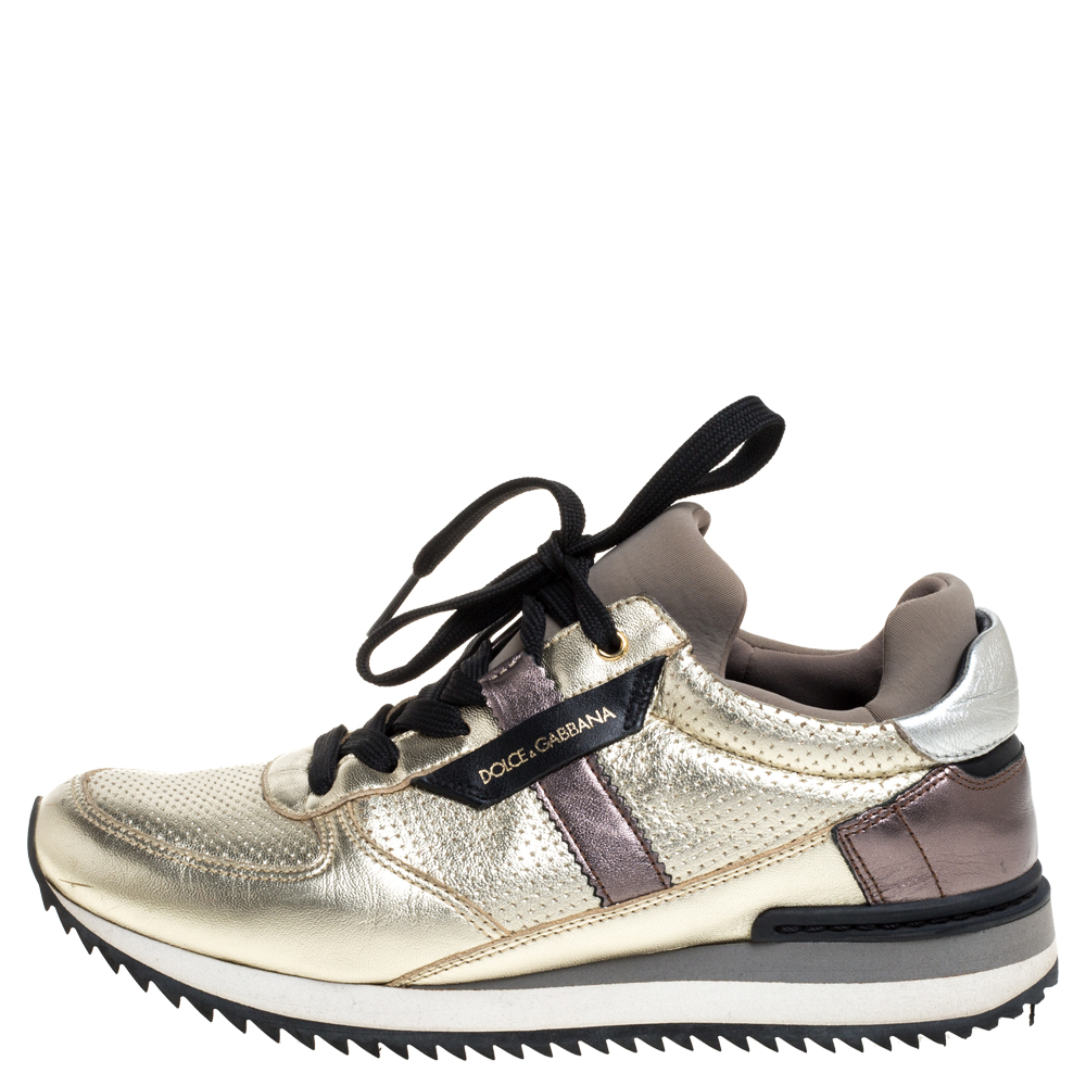 

Dolce & Gabbana Metallic Gold Leather And Fabric Perforated Sneakers Size