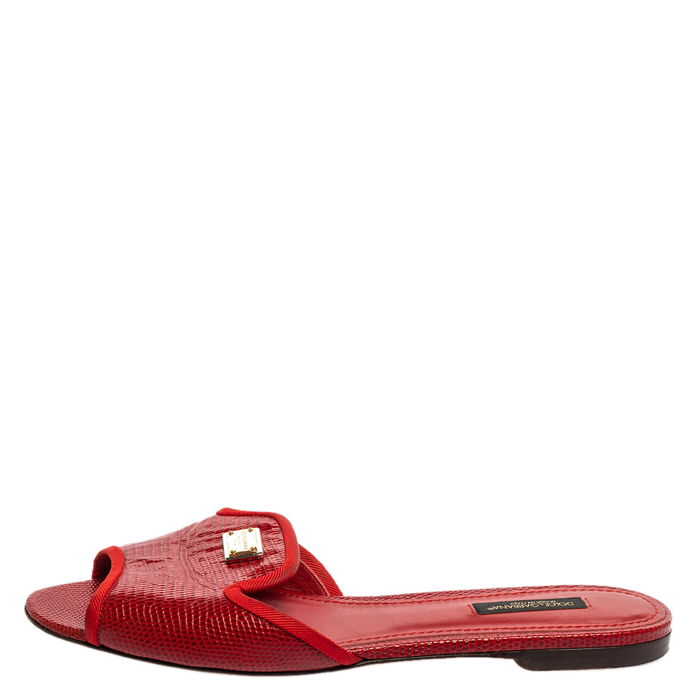 

Dolce & Gabbana Red Lizard Embossed Leather Flat Slides Size