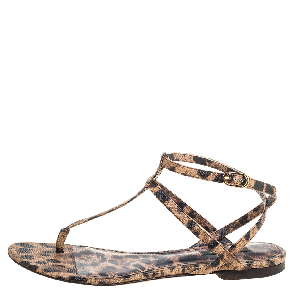 

Dolce & Gabbana Leopard Print Leather T Strap Thong Flats Size, Brown