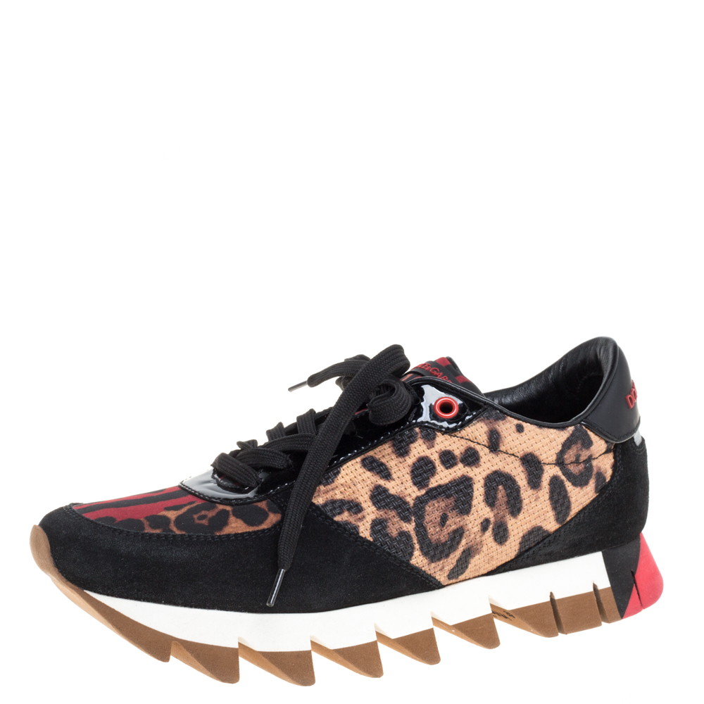 Dolce and Gabbana Multicolor Leopard Print PVC/Suede and Nylon Sawtooth Platform Sneakers Size 39