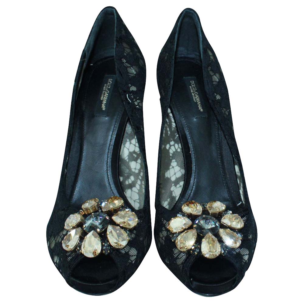 

Dolce & Gabbana Black Taormina Lace Crystals Pumps Size EU