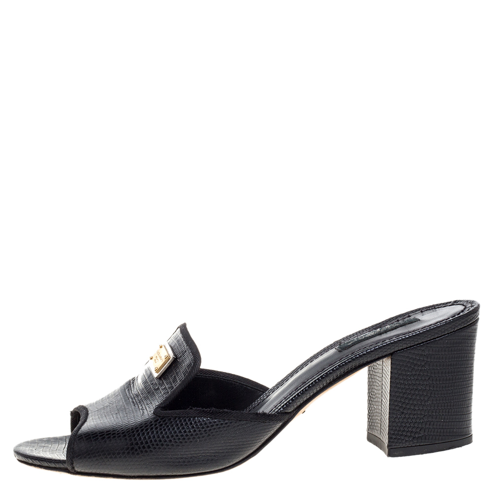 

Dolce & Gabbana Black Lizard Embossed Leather Slide Sandals Size