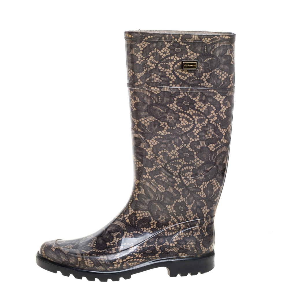 

Dolce & Gabbana Grey/Beige Jelly Printed Lace Round Toe Rain Boots Size, Black