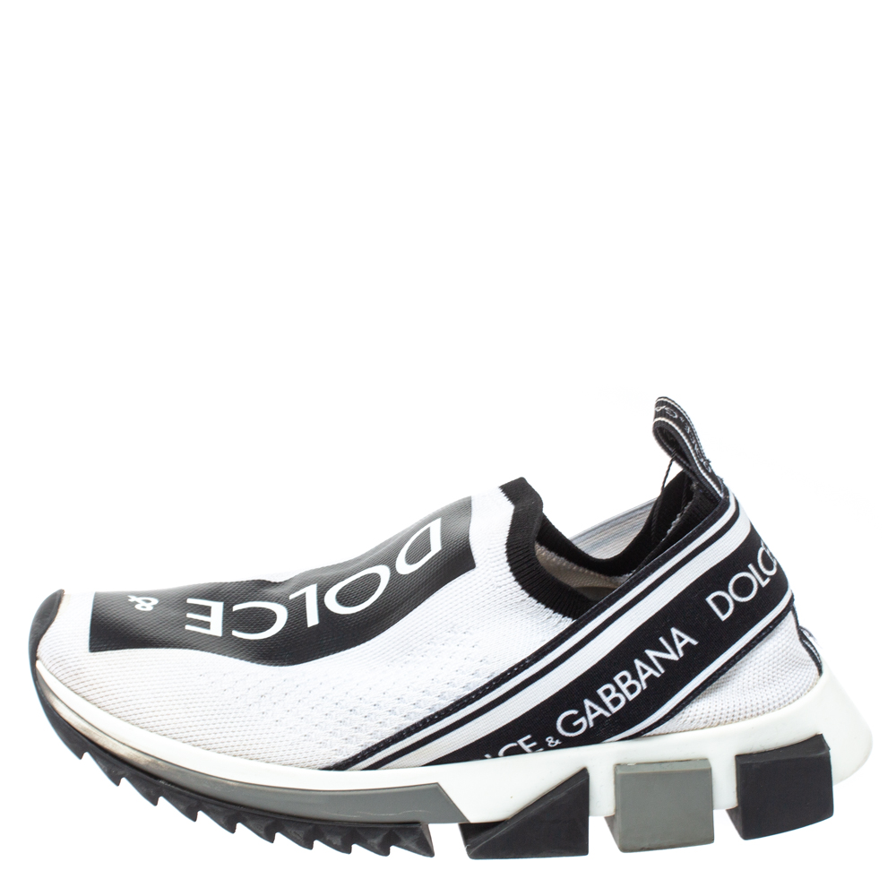 

Dolce & Gabbana White/Black Stretch Fabric Logo Sorrento Slip On Sneakers Size