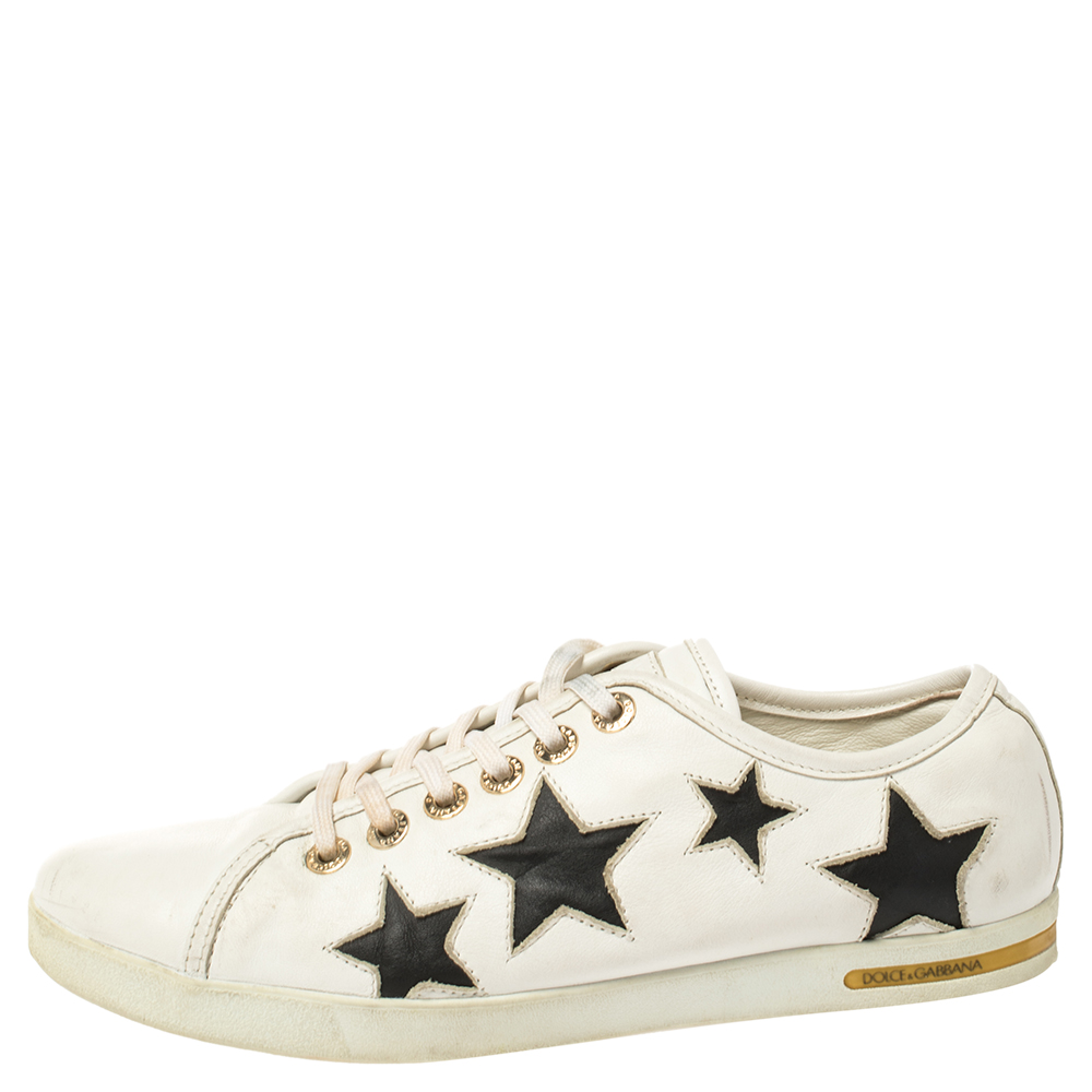 

Dolce & Gabbana White/Black Leather Star Cut Out Low Top Sneakers Size