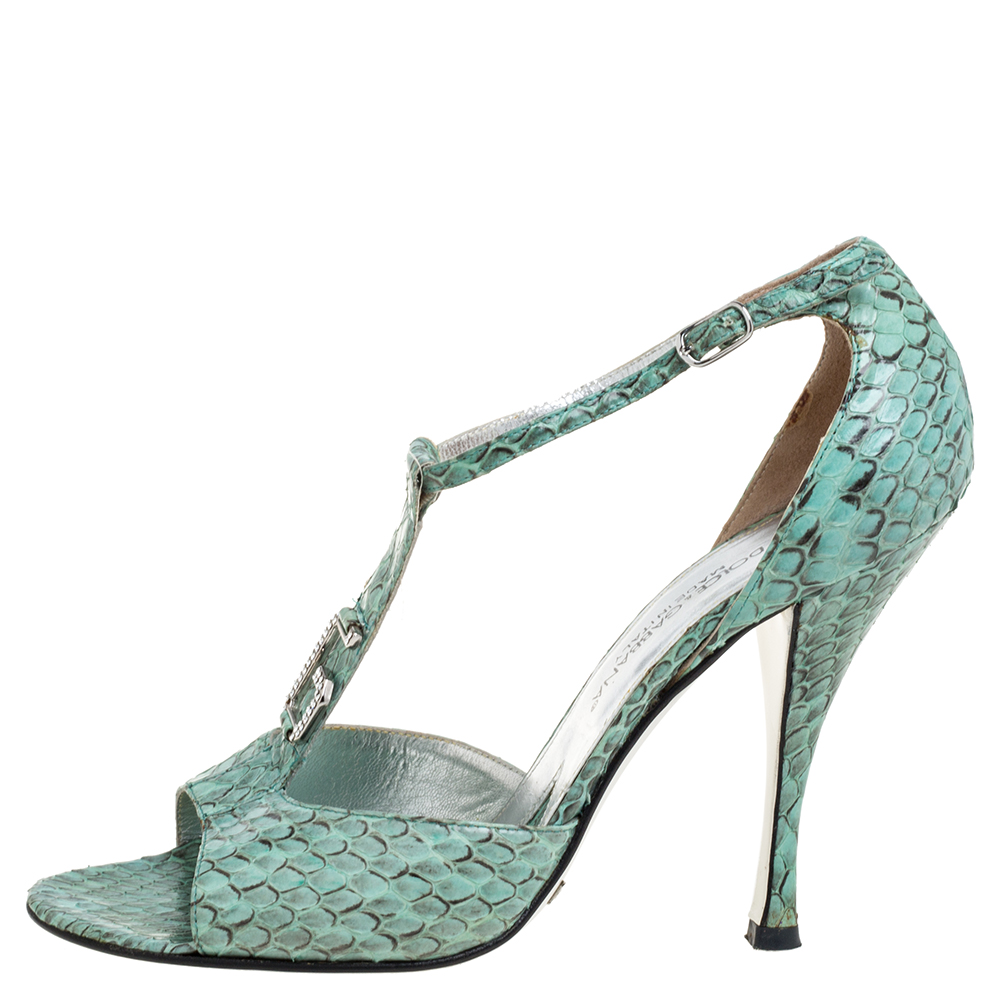 

Dolce & Gabbana Green Python Logo Embellished T Strap Sandals Size