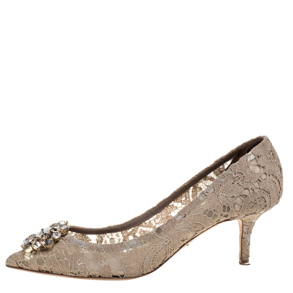 

Dolce and Gabbana Beige Brocade Lace Bellucci Crystal Embellished Pointed Toe Pumps Size